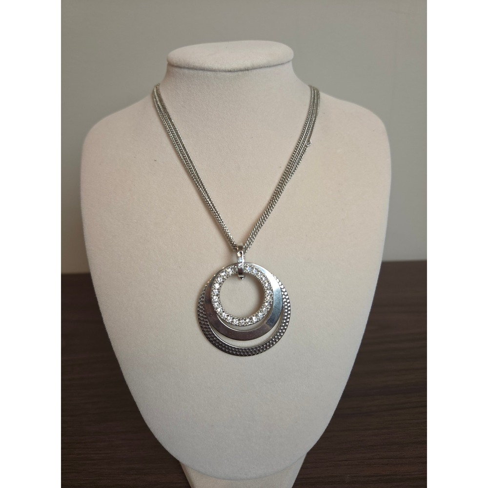 Silver Tone Triple Interlocking Circle Crystal Pendant Triple Strand Necklace